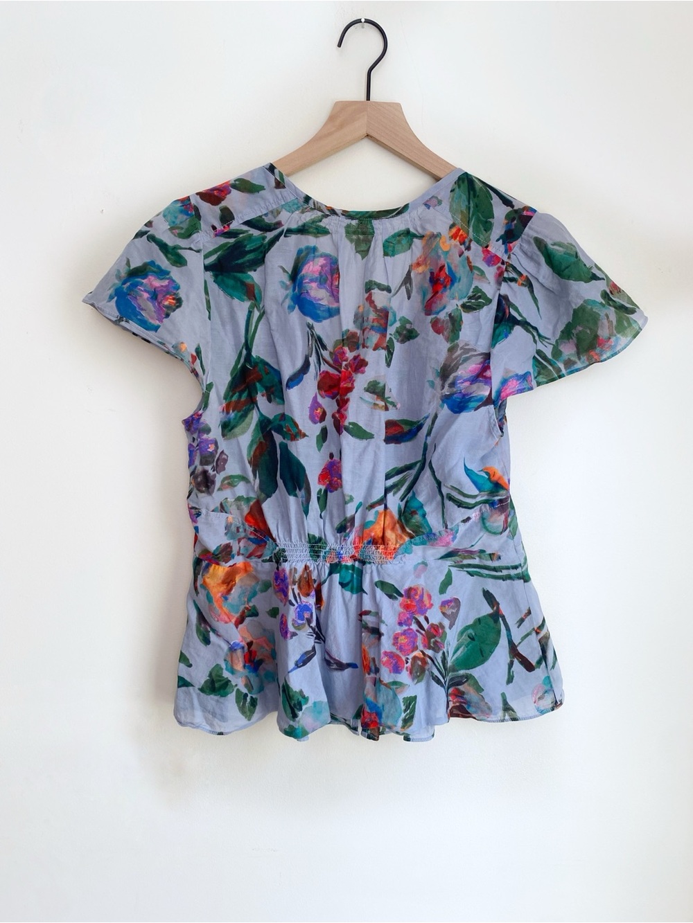 Anthropologie Floreat Amarillo Cinch-Waist Floral Silk Top Light Grey size 12 - Picture 6 of 8